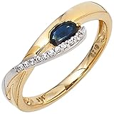Hochwertiger Damenring aus 8 Karat (333) Gold, Gelbgold mit Weißgold kombiniert, mit einem blauen Safir und 10 funkelnden Zirkonia. Mit Legierungsstem