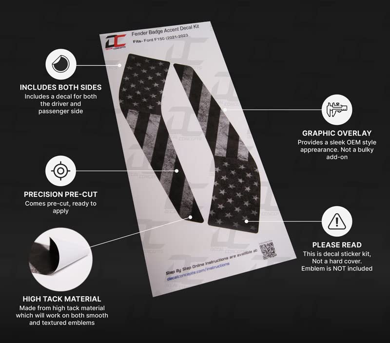 Decal Concepts Fender Badge Emblem Accent Decal Kit - Compatible with F150 (2021-2024) (Flag Style (Black-White Distressed))