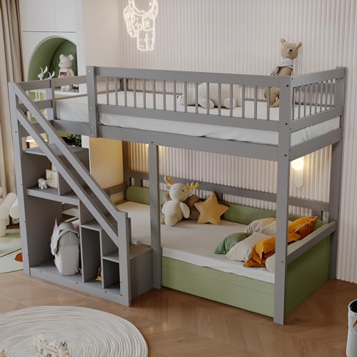 Kinderbett 90x200 cm, Hochbett mit Treppe und Regale, Funktionsbett Etagenbett mit Kleiderstange, Stockbett Spielbett Jugendbett, Grau, ohne Matratze Kinderbett 90x200 cm, Hochbett mit Treppe und Regale, Funktionsbett Etagenbett mit Kleiderstange, Stockbett Spielbett Jugendbett, Grau, ohne Matratze