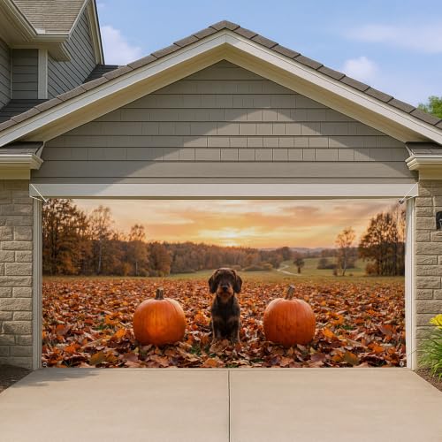 Cubierta de puerta de garaje con diseño de calabazas, hojas festivas de otoño, color naranja, decoración del hogar para patio, jardín, exterior, fiesta interior, 157 x 71 pulgadas