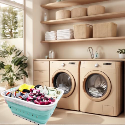 Image of SAMMART 42L (11 gallon) Collapsible Plastic Laundry Basket - Foldable Pop Up Storage Container /Organizer - Portable Basket - Space Saving Hamper /Basket (2, White /Lake Green)