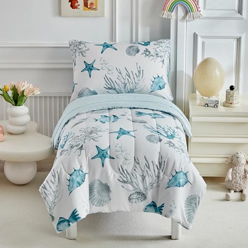 Image of White Toddler Bedding Set for Boys Girls Water Blue Colorful Ocean Starfish Shell Aquatic Plant 4PC Toddler Bed Set - Soft Blue Cute Toddler White Bed in a Bag with Sheet Set and Pillow Shams