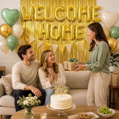 Welcome Home Decorations Sage Green Gold,Welcome Home Balloon Banner with Heart Foil Balloons Fringe Curtain Cake Topper for Housewarming Baby Shower Family Party Supplies by Xinvery - Used condition - Image 4