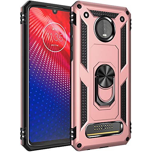Military Grade Drop Impact for Motorola Moto Z4 Case,Moto Z4 Play Case 360 Metal Rotating Ring Kickstand Holder Magnetic Car Mount Armor Heavy Duty Z4 Play Z4 Force Phone Case (Rose Gold)