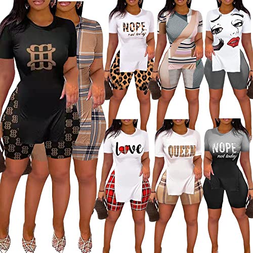Pinli Women's Two Piece T-Shirt Print Slit Gradient Round Neck Tight Sexy Pants Set Camouflage L #TOP1