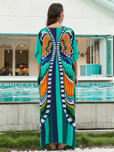 Image of sunforyou Kaftan Dresses for Women Plus Size Lightweight Swimsuit Cover up Batwing Sleeve Print Loungewear Beach Robe