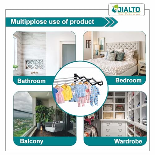 Image of JIALTO Wall Mounted Foldable Clothes Drying Rack Black 62.5 Cm Stainless Steel Expandable Laundry Drying Stand, Heavy Duty Scissor Style Cloth Hanger for Balcony Bathroom Utility Area