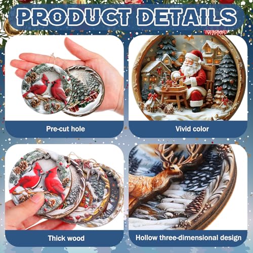 Image of Vercraft 24 Pcs Christmas Wooden Ornaments for Christmas Tree Vintage Round Xmas Decorations 3D Cardinal Snow Scenery Ornaments Santa Claus Scene Hanging Decoration for Winter Farmhouse Home Party
