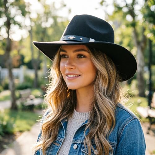 Image of DRESHOW Cowboy Hat for Women and Men Western Felt Cowboy Cowgirl Hat Wide Brim Belt Buckle Retro Fedora Hats Unisex Caps