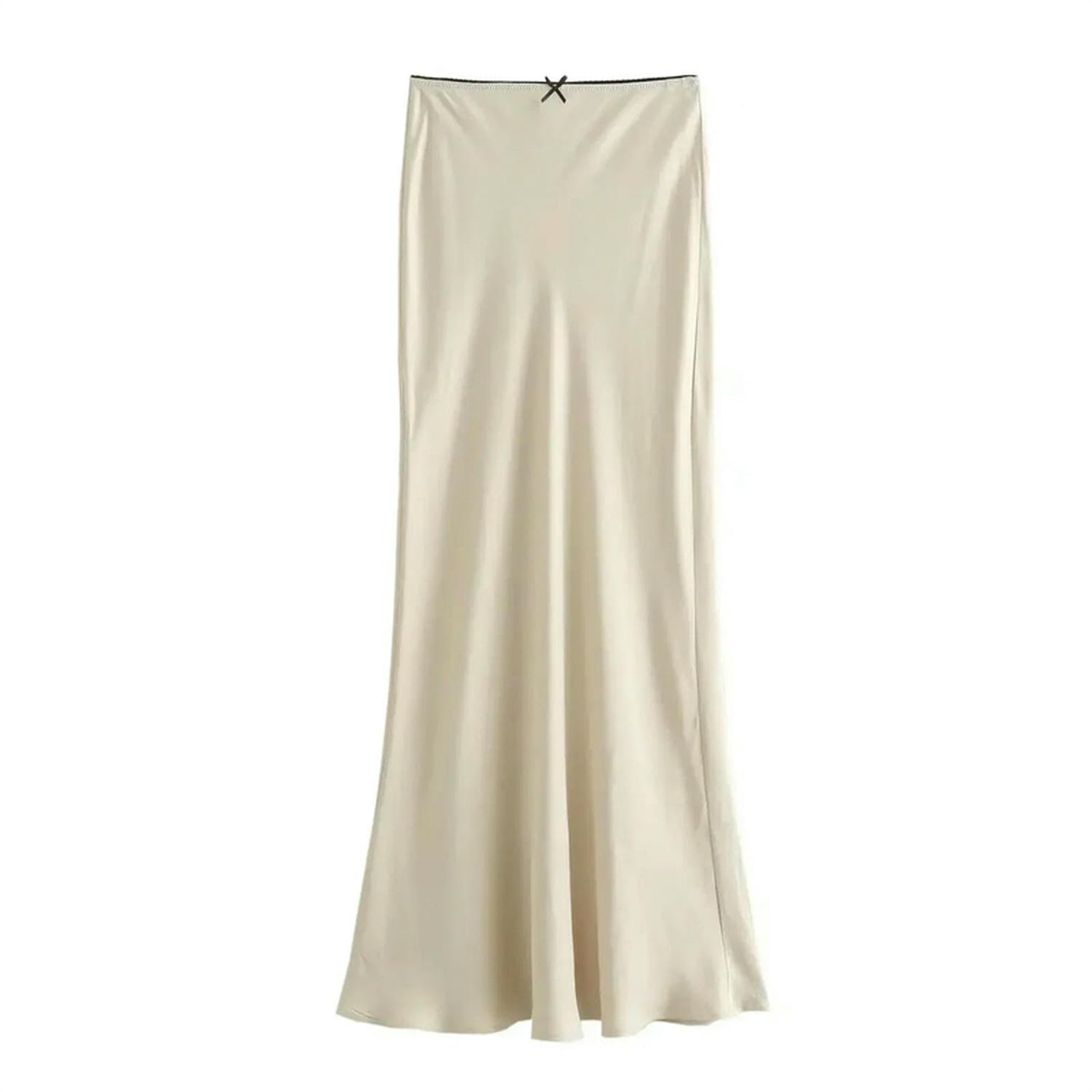 Gonna Lunga Donne Moda Primavera Raso Texture Arco Decorazione Vintage Chic Femminile Alta Vita H Linea Gonne Lunghe-Beige-s