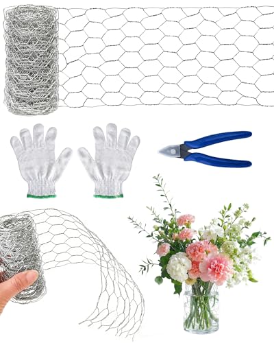4x118 Inch Chicken Wire for Floral Arrangements Floral Chicken Mesh Netting Flower Frog Vase Arrangement Base Holder with Gloves and Plier for DIY Craft/Floral Supplies/Garden Fencing