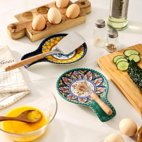 Image of Ceramic Spoon Rest for Stove Top, Bohemian Style 7.7 Inch Large Spoon Holder for Kitchen Counter, Heat-Resistant Cooking Utensil Rest for Spatula, Ladle and Tongs, Dishwasher Safe, Set of 2
