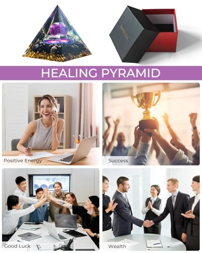 Image of Orgone Pyramid with Healing Crystals - Amethyst & Obsidian Energy Generator for Positive Vibe, Stress Relief & Chakra Reiki Meditation - Pyramid Decor - Spiritual Gift for Success, Wealth & Prosperity