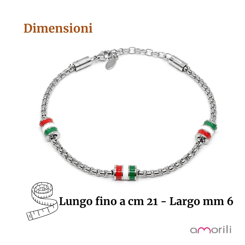 Bracciale Italia Uomo in Acciaio Inox con Bandiera Italiana – Smalti Tricolore Nazionale – Gioiello Maschile Patriottico – Idea Regalo Uomo