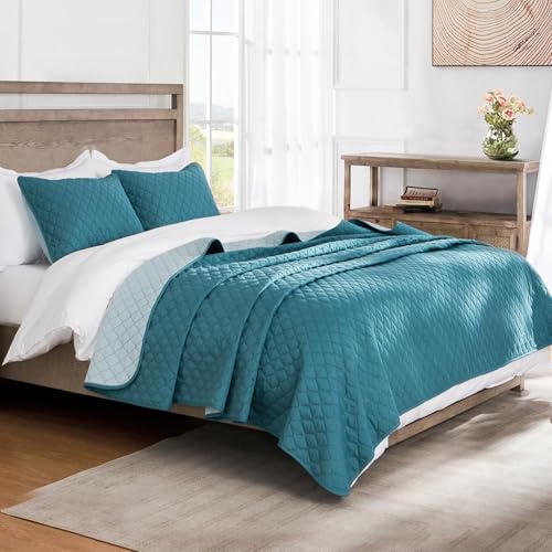 Exclusivo Mezcla Reversible Full Queen Quilt Bedding Set with Pillow Shams, Lightweight Quilts Queen Size, Soft Bedspreads Bed Coverlets for All Seasons - (Dusty Teal, 90"x96")