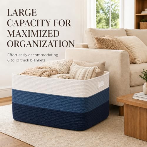 Image of OIAHOMY Large Blanket Basket, 22 inchx17 inchx12 inch Rectangle Woven Baskets, Nursery Blanket Storage Living Room, Toy Storage With Handle, Large Baskets for Organizing-Gradient Blue