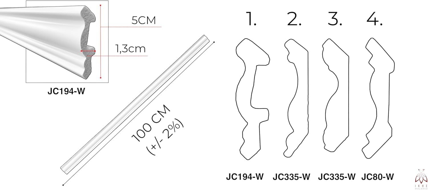 Molduras de techo de 100 cm – Molduras decorativas de estuco para pared y techo – Ligero, duro y estable, se puede pintar – (JC194-W listón 02-10 unidades | 10 m)
