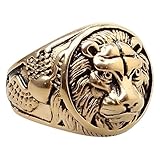 Vestamore Anillo de cabeza de león para hombre, banda de metal en tono dorado, estilo punk vintage, tallado detallado de melena, joyería de declaración para personalidad audaz, 3.9 x 3.9 x 0.4