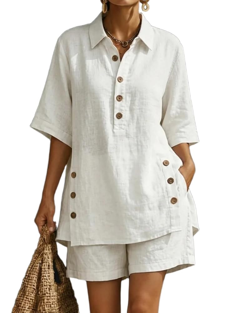 Conjunto Verano Mujer Dos Piezas Camiseta Manga Corta Cuello V + Pantalones Cortos Anchos Cintura Alta Chándale Informal Conjuntos Boho