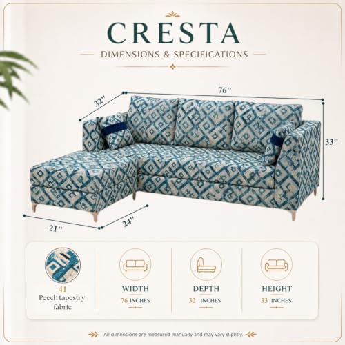 Image of FURNY Signature Cresta 4-Seater L-Shape Sofa Set with Movable Ottoman | Flexible LHS /RHS Layout | Tapestry Fabric | 40D Foam + Zigzag Spring | 3-Yr Warranty (Lagoon Mosaic Blue)