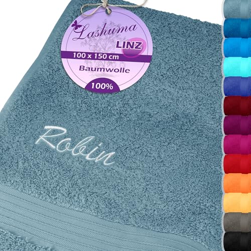 Lashuma Handtuch Bestickt mit Namen Blau - Taubenblau, Linz Badetuch personalisiert 100x150 cm