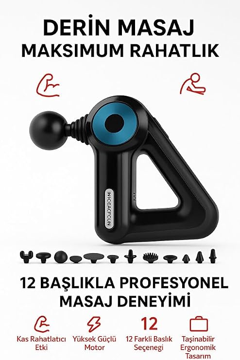 SMAYLING 12 Başlıklı Profesyonel Masaj Tabancası - 6 Seviye Derin Doku Masajı, 1500 mAh Batarya, Ultra Sessiz, Ergonomik Üçgen Tutma Kolu, Güçlü Motor, Tüm Vücut İçin Kas Rahatlatıcı