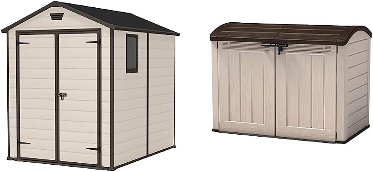 Keter 230256 Manor Outdoor Garden Storage Shed, Beige, 6 x 8 ft & Store It Out Ultra Outdoor Garden Storage Shed, 177 x 113 x 134 cm - Beige and Brown
