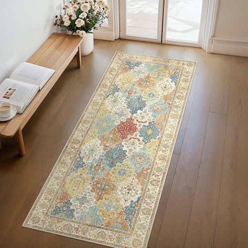 BEIMO Bedroom Area Rug 80x150 cm, Washable Non Slip Low Pile Soft Indoor Carpet, Easy Care, Classic Moroccan Tiled Print, Colourful