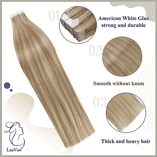 Laavoo Blonde Highlights Human Hair Tape In Extensions Ash Blonde Mix Bleach Blonde Tape In Hair Extensions Human Hair Thick Straight 20Pcs 50G 16Inch #TOP1
