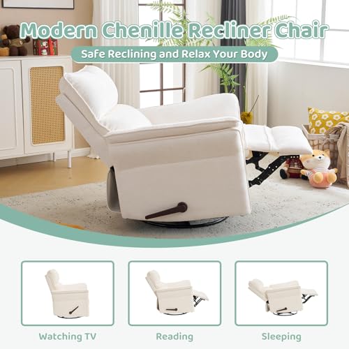 Image of Oversized Swivel Rocker Recliner with Adjustable Headrest, Rocking Chair Nursery with Overstuffed Armrest, Manual Rocker Recliner Nursery Chair for Living Room, White