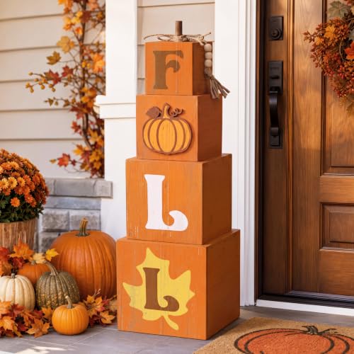 Chumia Fall Porch Outdoor Decor Stacked Pumpkin Ghost Boo Box for Halloween