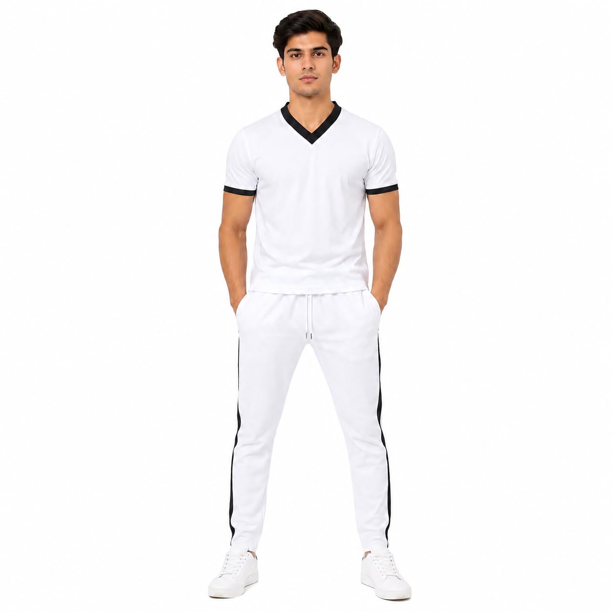 Men's White and Black Co-Ord Set, V-Neck T-Shirt with Side Stripe Track Pant, Casual Sportswear (IN, Alpha, XL, Regular)-image-4