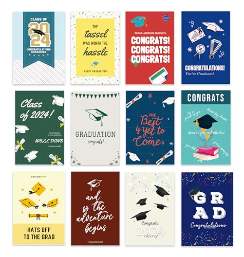 Graduation Cards 2024, 36 Pack Grad Gift Greeting Cards with Self-adhesive Envelopes, 12 Unique Designs Graduation Cards Bulk for College & High School Graduation Party