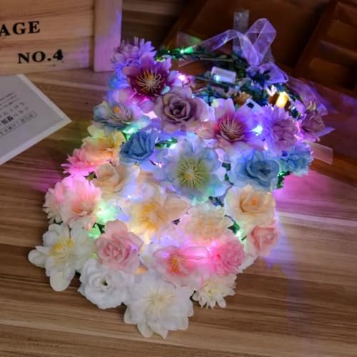yuruyi Flower Crowns for Women with Colorful Fairy Light，Headband Hair Wreath Accessory for Birthday Festival Night Headpiece Floral Crown for Women (Camellia-3PCS, Adjustable)