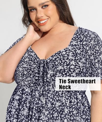 Image of CARCOS Plus Size Dresses for Curvy Women Tie Sweetheart Neck Summer Maxi Dress Short Sleeve Empire Waist Floral Boho Dress