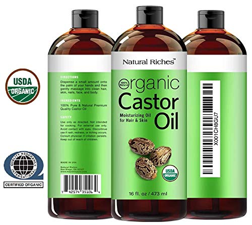 Natural Riches Organic Castor Oil Cold Pressed Usda Certified For Dry Skin Hair Loss Dandruff Thicker Hair - Moisturizes Heals Scalp Skin Hair Growth Thicker Eyelashes & Eyebrows 16 Fl. Oz. #TOP1