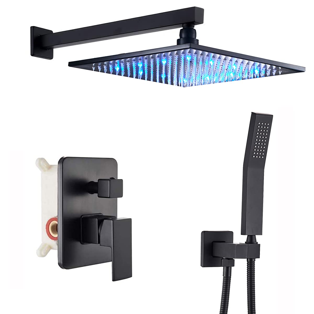 Photo 1 of Zovajonia LED Shower System with 12 Inch Rain Shower Head and Handheld Wall Mounted,Bathroom High Pressure Rainfall Shower Faucet Fixture Combo Set Black 2 Way Black