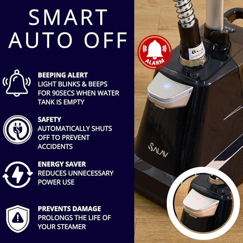 Image of SALAV Heavy Duty Smart Auto Shut-off Commercial Full-Size Garment Steamer, Beeping Alert when Water Runs out, Foot Pedal Control, XL 3L (101.5 oz) Tank, 1800 watts, 90+min of Continuous Steam, Navy