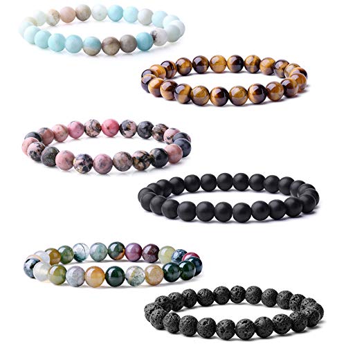 WRCXSTONE Natural 8mm Gorgeous Semi-Precious Gemstones Healing Crystal Stretch Beaded Bracelet Unisex (6 Pieces a Set)