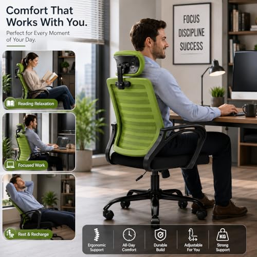 Image of HIGHLIVING Ergonomic Office Chair | Adjustable Headrest | 120 Tilt | Breathable Mesh Back | Moulded Foam Seat | Class 4 Gas Lift | Metal Base | High Back Computer Chair for Home & Office