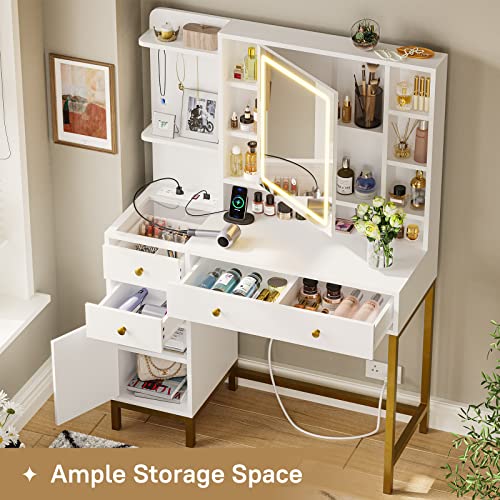 VIAGDO White Vanity with Openable Mirror and Charging Station, Makeup Vanity Desk with Lights and 4 Drawers, Vanity Table with Storage Shelves, Hooks, Hidden Space - Thumbnail 2