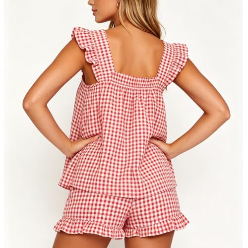 Image of SOOKABEILA Women 2 Piece Lounge Set Sleeveless Striped Cami Peplum Top Boxer Shorts Loose Ruffle Matching Pj Sets Outfits