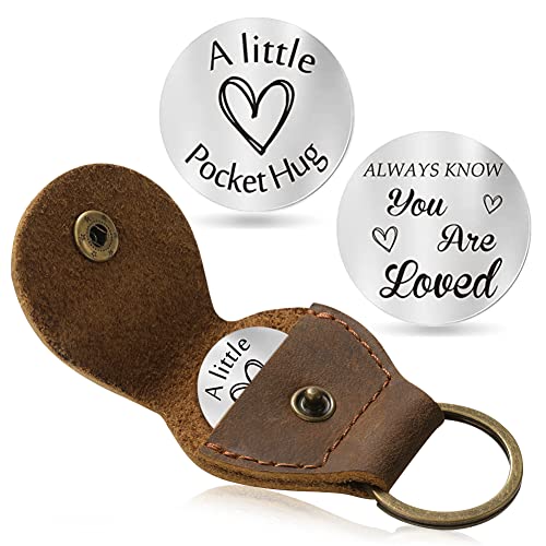 Jack&Chris Pocket Hug Token Long Distance Relationship Keepsake, Double Sided Message Engraved with Genuine Leather Keychain, JC65