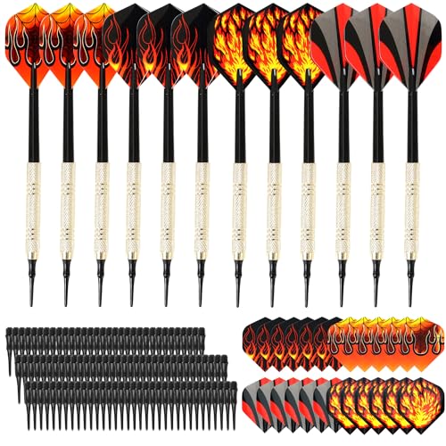 KIKIGOAL 12 Pieces Soft Tip Darts With 24 Pieces Tails And 100 Pieces Plastic Tips Safety Plastic Flame Pattern Kids Darts