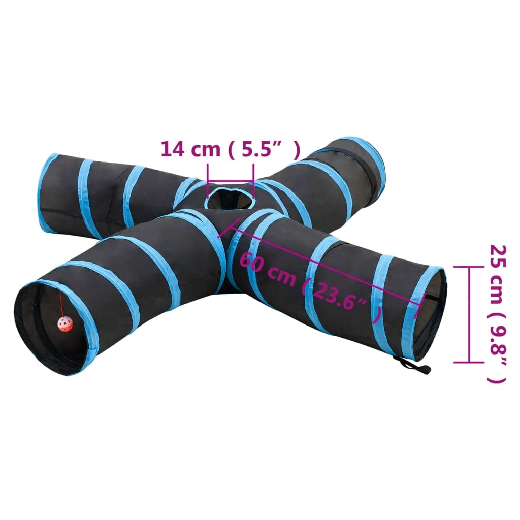 Katzentunnel 4 Wege Schwarz Blau 25 cm Polyester, Krabbeltunnel mit Guckloch, Faltbar mit Tragetasche, für Indoor Outdoor, Spielzelt, Versteck, Höhle, Garten, Park