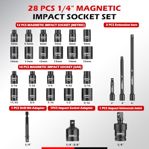 Image of 1 /4 Inch Drive Magnetic Impact Socket Set, 28-Piece SAE /Metric, 1 /4 Inch-9 /16 Inch, 5mm-15mm, 6 Point, Cr-Mo, Square Drive, with Impact Socket Adapter, Universal Joint & Extension