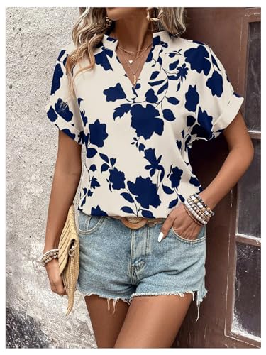 SweatyRocks Women's Floral Print V Neck Shirts Short Sleeve Casual Blouse Tops4