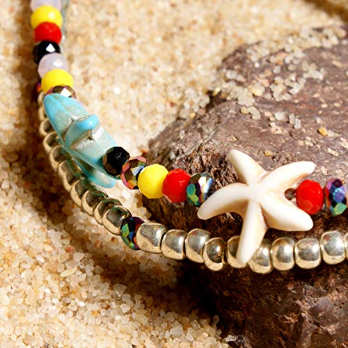 Image of Softones Blue Starfish Turtle Anklet Multilayer Charm Beads Sea Handmade Boho Anklet Foot Jewelry for Women