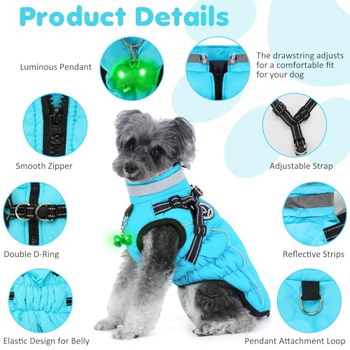 HezzLuv Hundemantel Winter, Hundemantel Wasserdicht, Warme Hundejacke mit Geschirr, Reflektierende Streifen, LED-Leuchtkragen, Winterjacken & Wintermäntel für Kleine, Mittelgroße Hunde