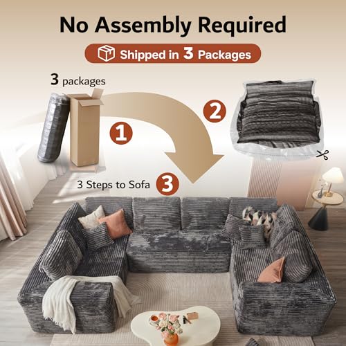 ovios Sectional Cloud Couch for Living Room, Modular Floor Sofa with Plush Corduroy, No Assembly Required, Big Comfy Couches Set with Fluffy Memory Foam, Stupendous U Shaped Sofas with Chaise, Grey